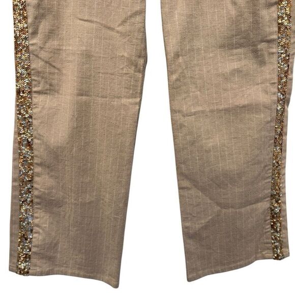 Marciano Striped Linen Blend Pants with Sequined Side Panel 2 - Picture 4 of 12